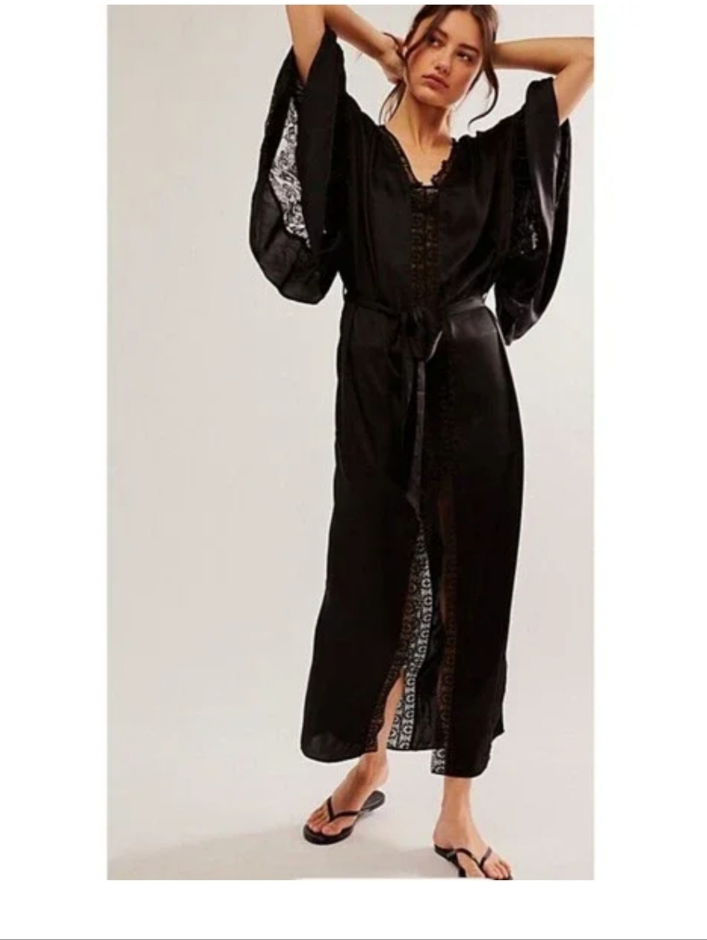 Free People Black Lace-Trim Kimono Maxi Wrap